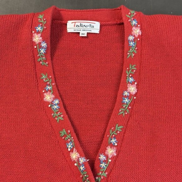 Vintage Talbots Susan Bristol Red Cotton Button Up Cardigan Floral Embroidered - Picture 8 of 14